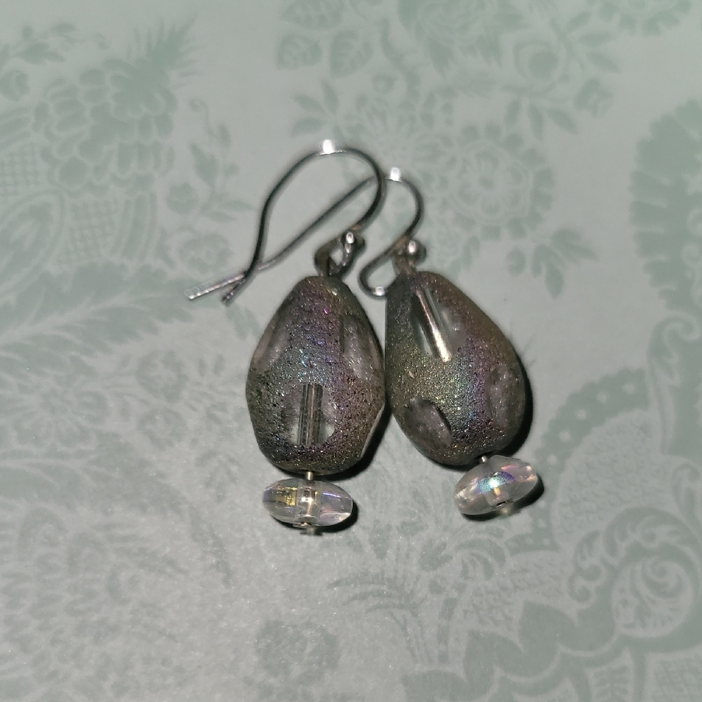 Elegant Silver and Gray Glass Bead Teardrop Earrings